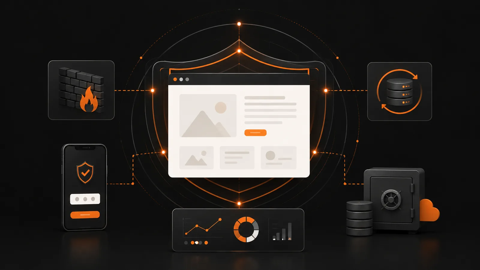 Ilustração de site WordPress protegido por camadas de segurança, firewall, backup e monitoramento